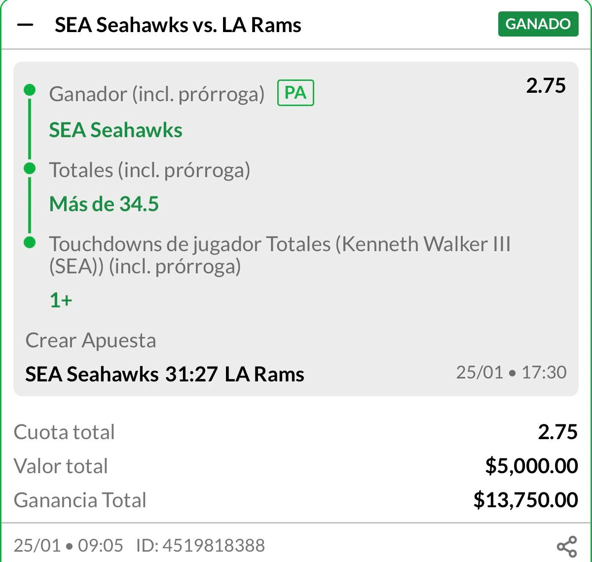 SEA Seahawks vs LA Rams — GANADO $13,750
