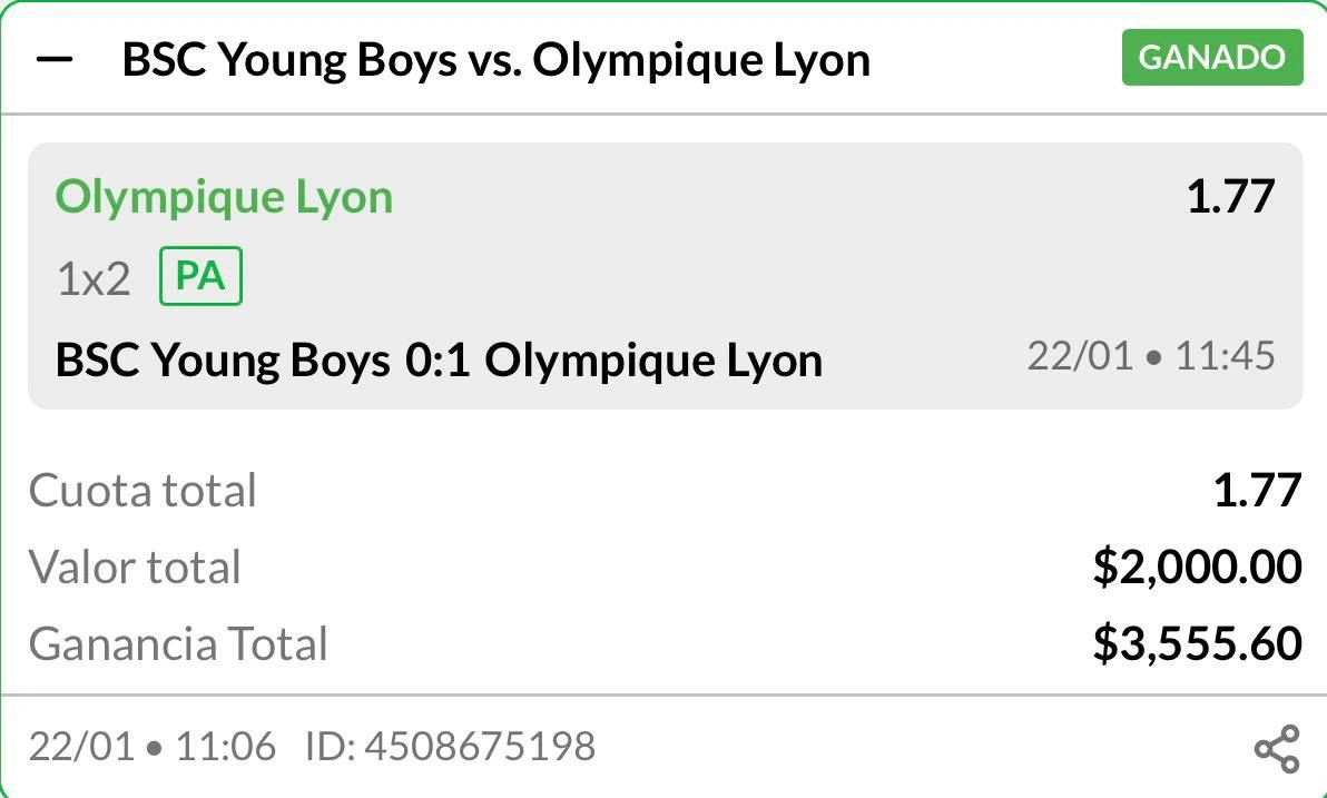 BSC Young Boys vs Olympique Lyon — GANADO $3,555
