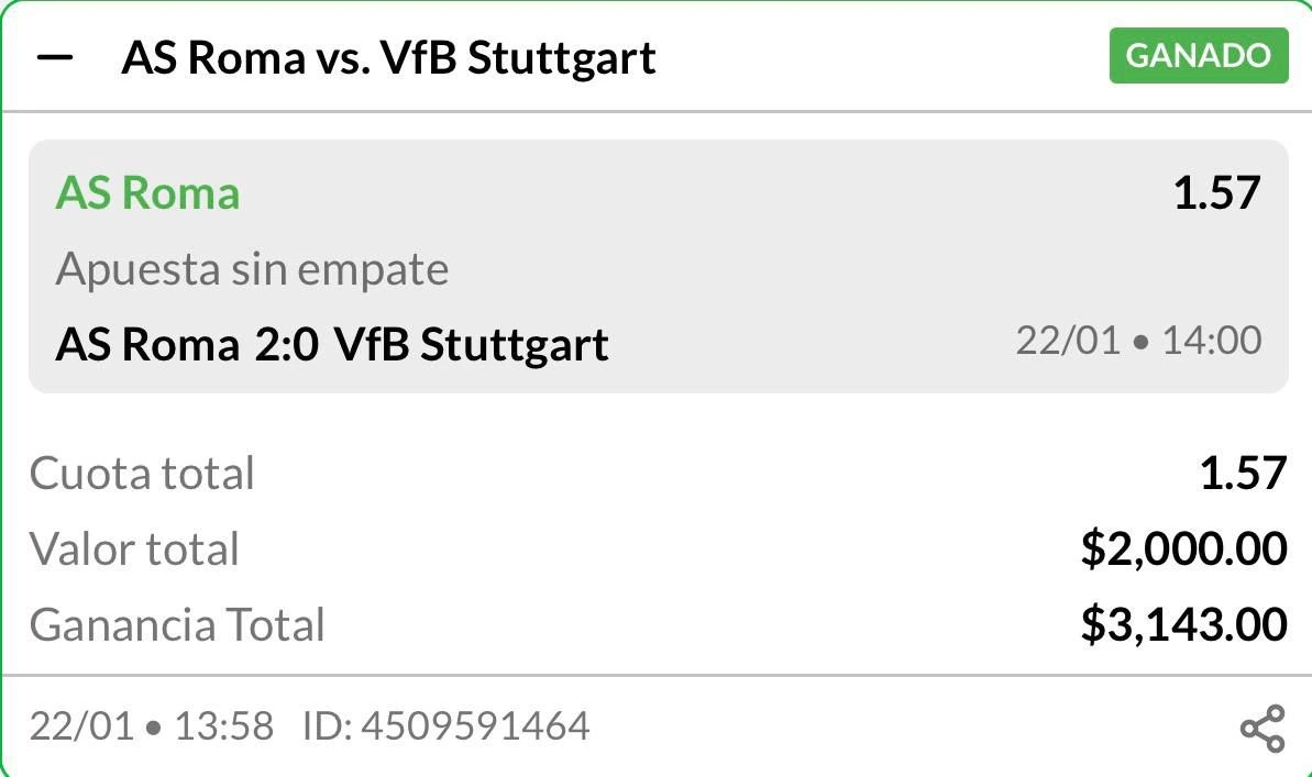 AS Roma vs VfB Stuttgart — GANADO $3,143