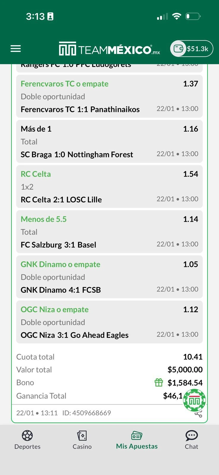 Team México Parlay — GANADO $46,100