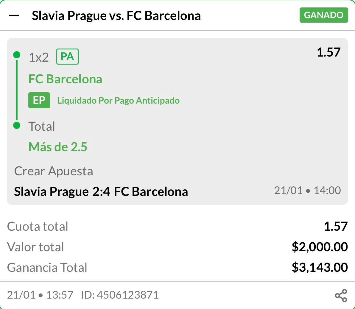 Slavia Prague vs FC Barcelona — GANADO $3,143