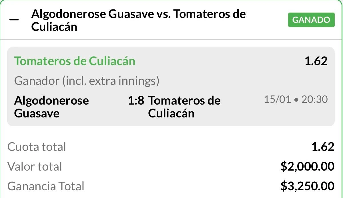 Algodonerose vs Tomateros — GANADO $3,250